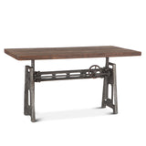 Artezia adjustable desk in weathered gray teak, three-quarter view