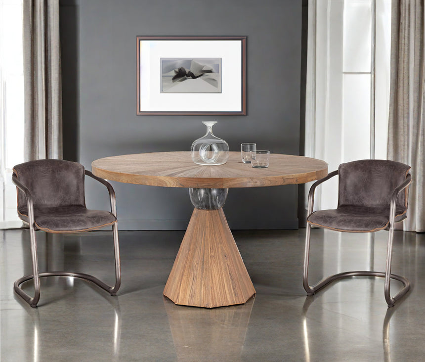Teak and marble pedestal table with chairs