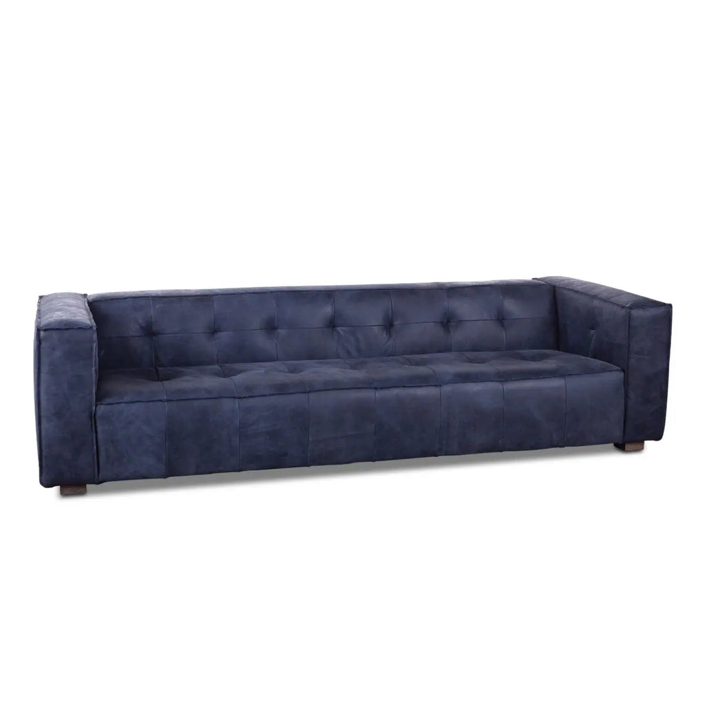 slightly angled front view of blue leather sofa - 106 inches wide