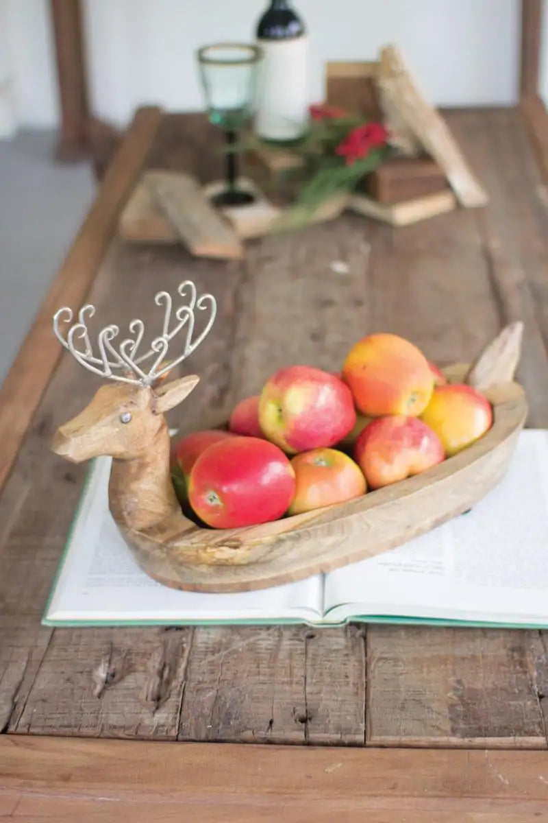 carved mango wood bowl reindeer shaped with metal antlers