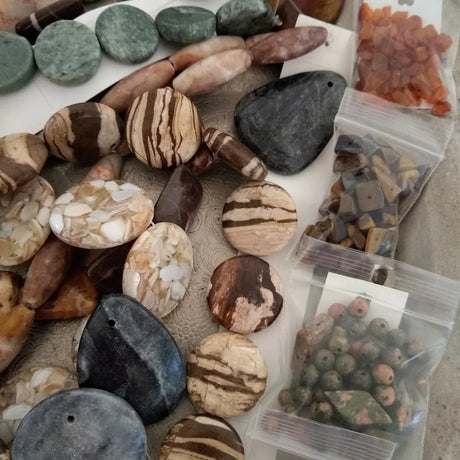 semi-precious stones on a strand labeled individually packaged