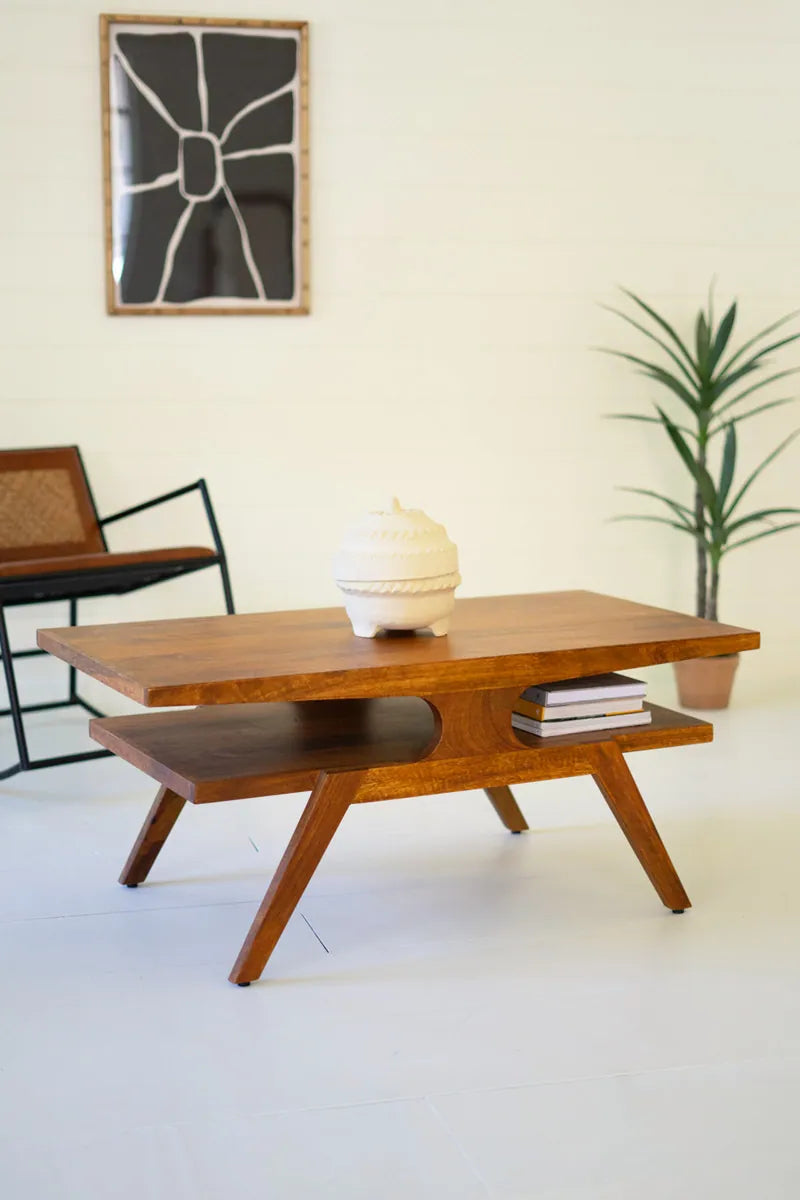 2 layered mango wood coffee table with teak finish and diagonal legs