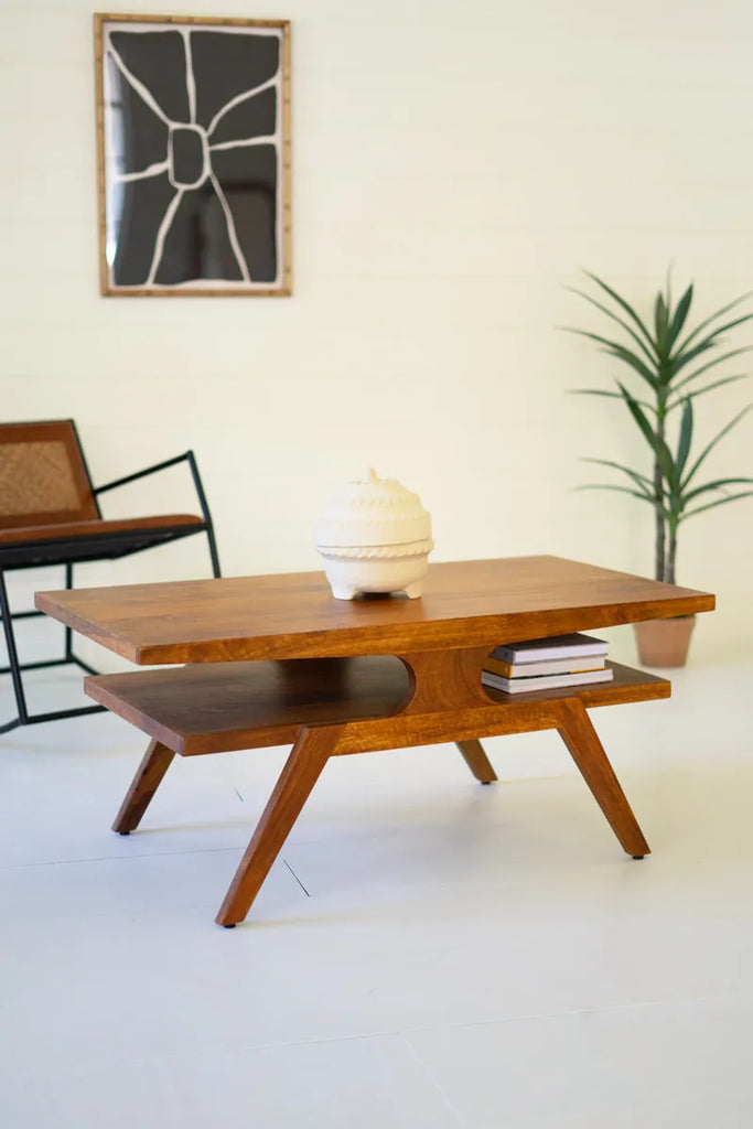 2 layered mango wood coffee table with teak finish and diagonal legs