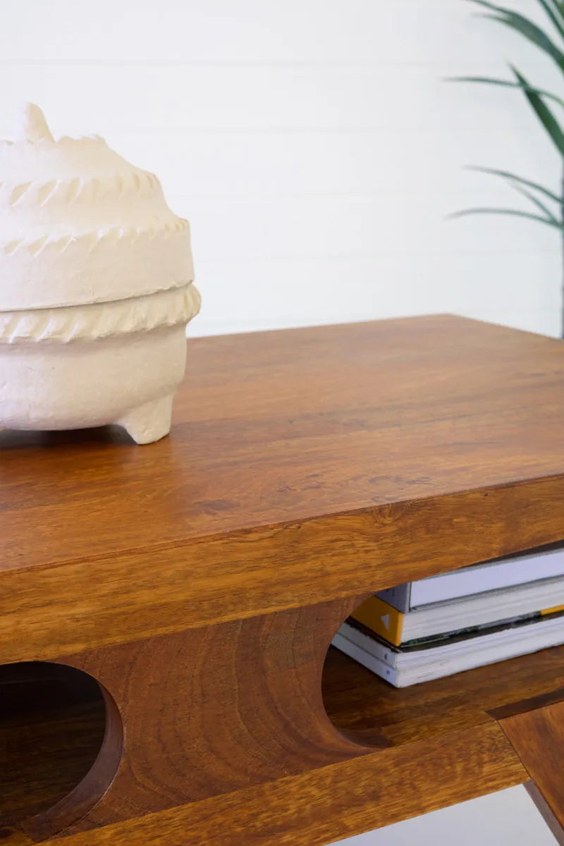 close up of mango wood coffee table with teak finish