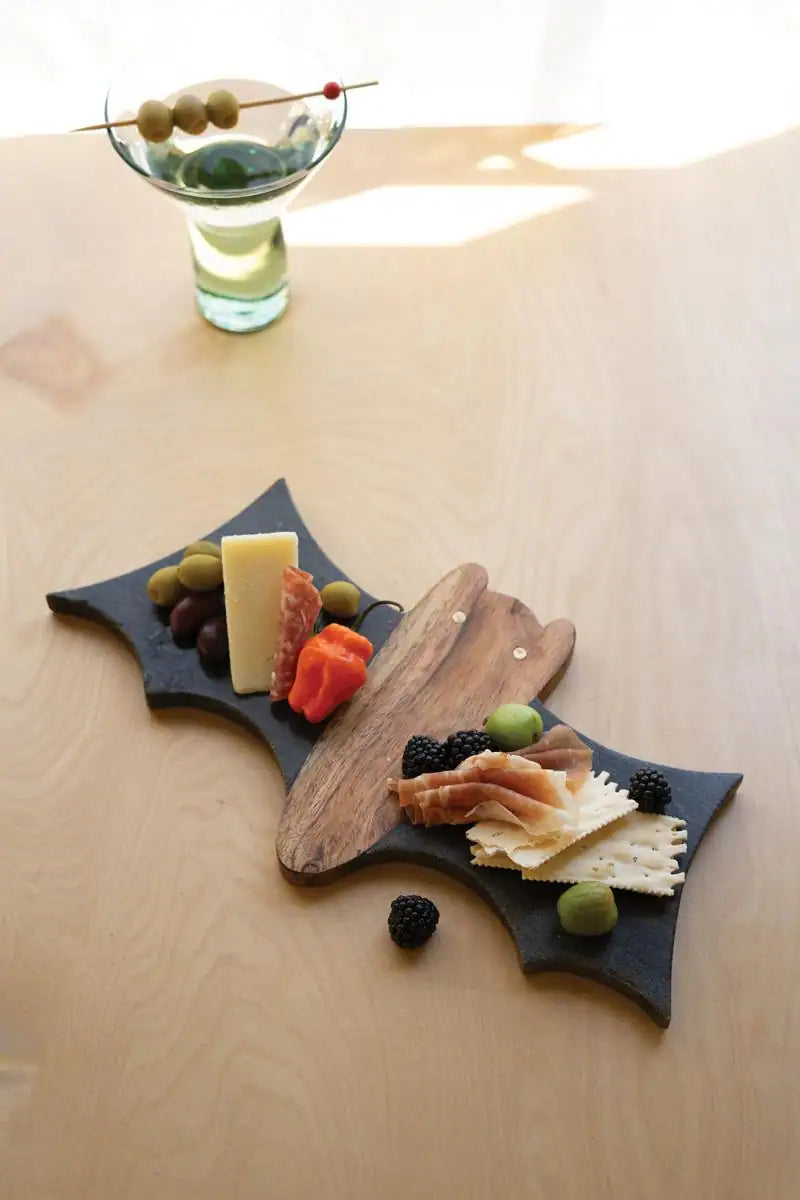 bat shaped acacia wood body with dark cheeseboard wings - halloween decor