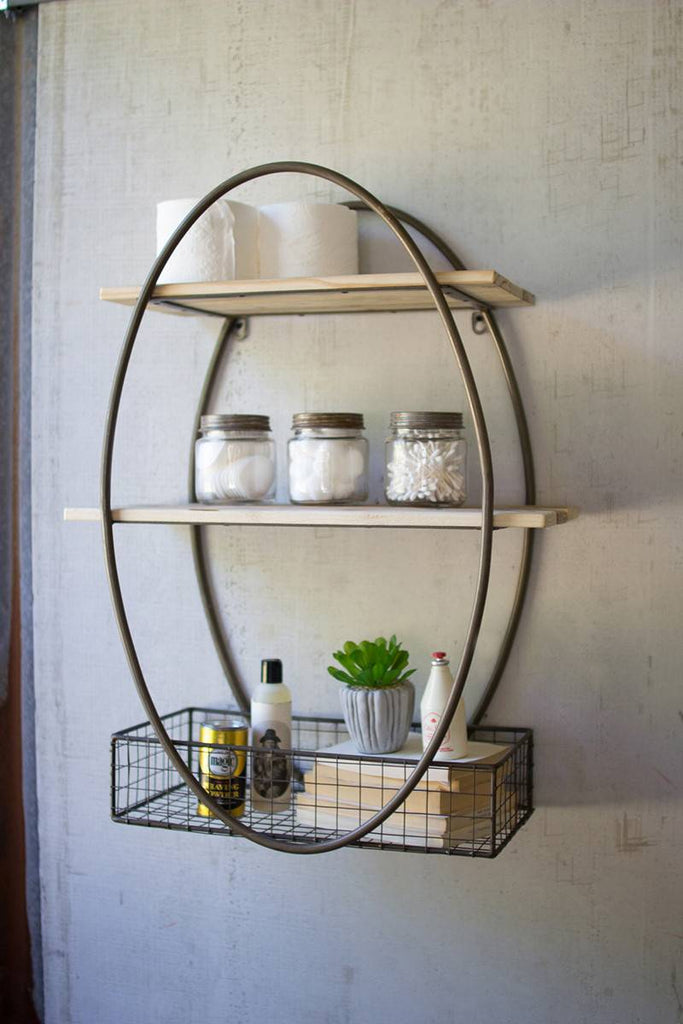 Oval Metal Framed Wall Unit with Recycled Wood Shelves
