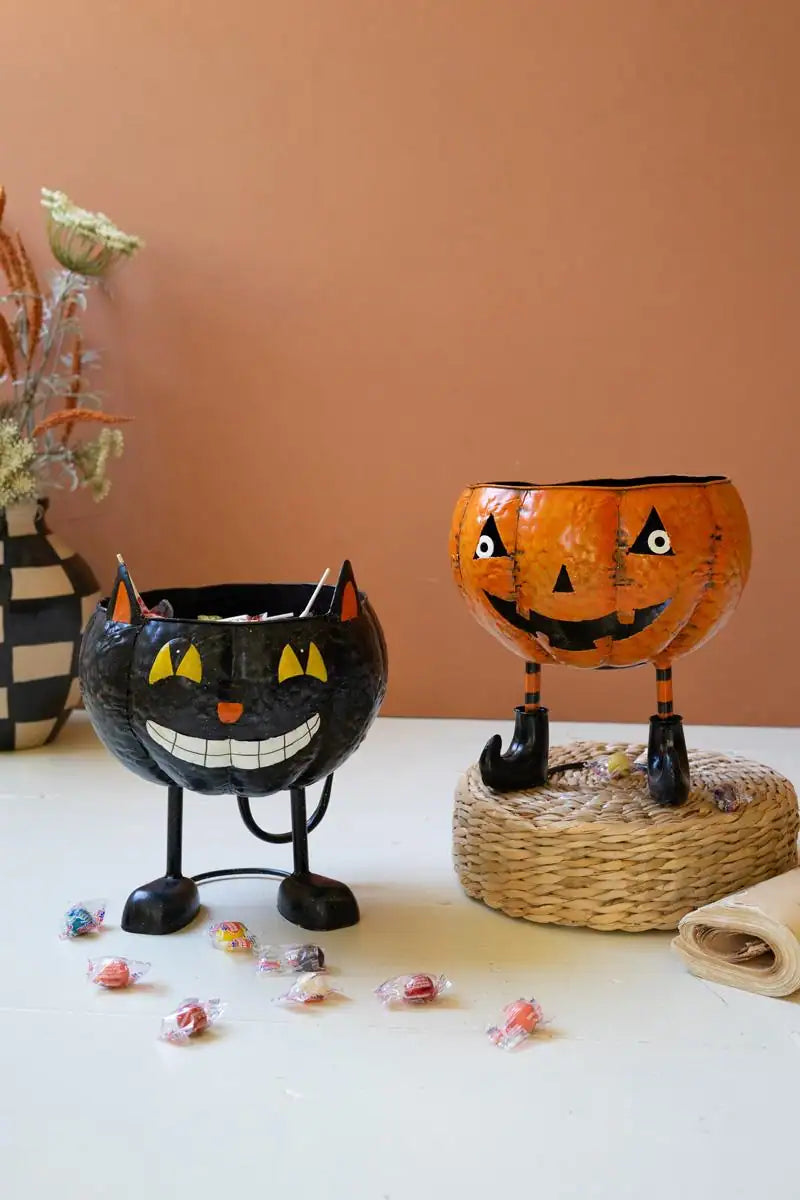 cat candy bowl standing next to pumpkin candy bowl - the latter sold separately