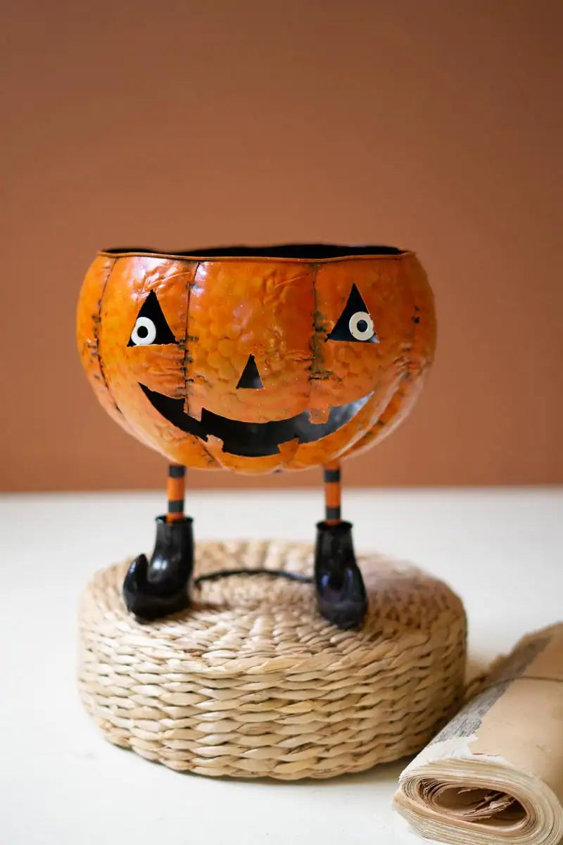 smiling orange metal jack-o-lantern candy bowl