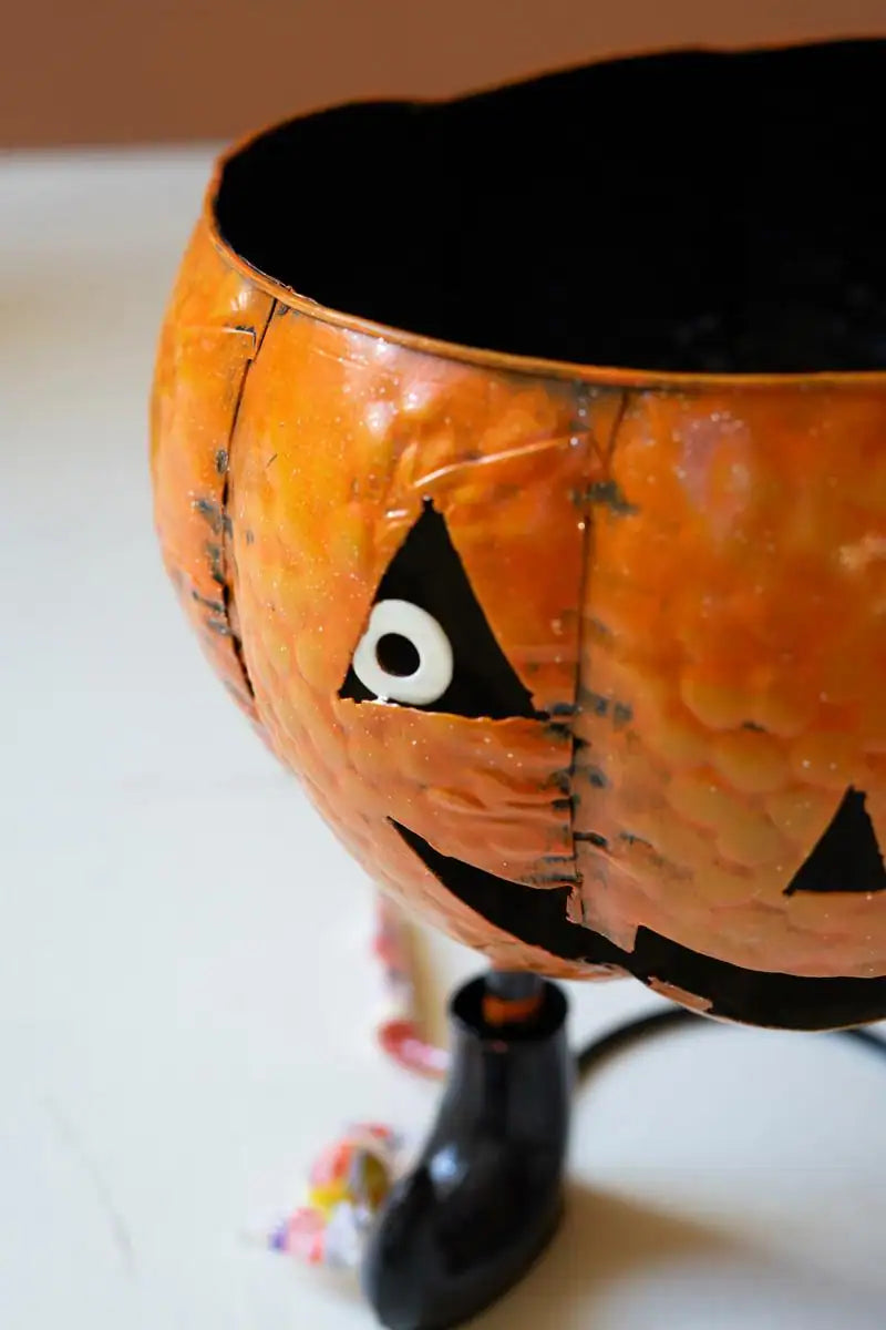 close up of left half of jack-o-lantern candy dish