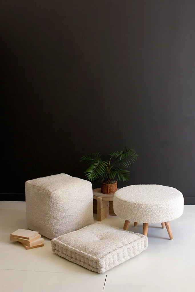 plush square boucle floor cushion - shown with boucle pouf and foot stool