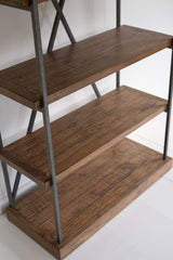 Close-up angled view of wood shelves and metal frame
