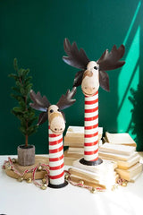Recycled Iron Moose with Red & White Wood Bases (Set of 2)
