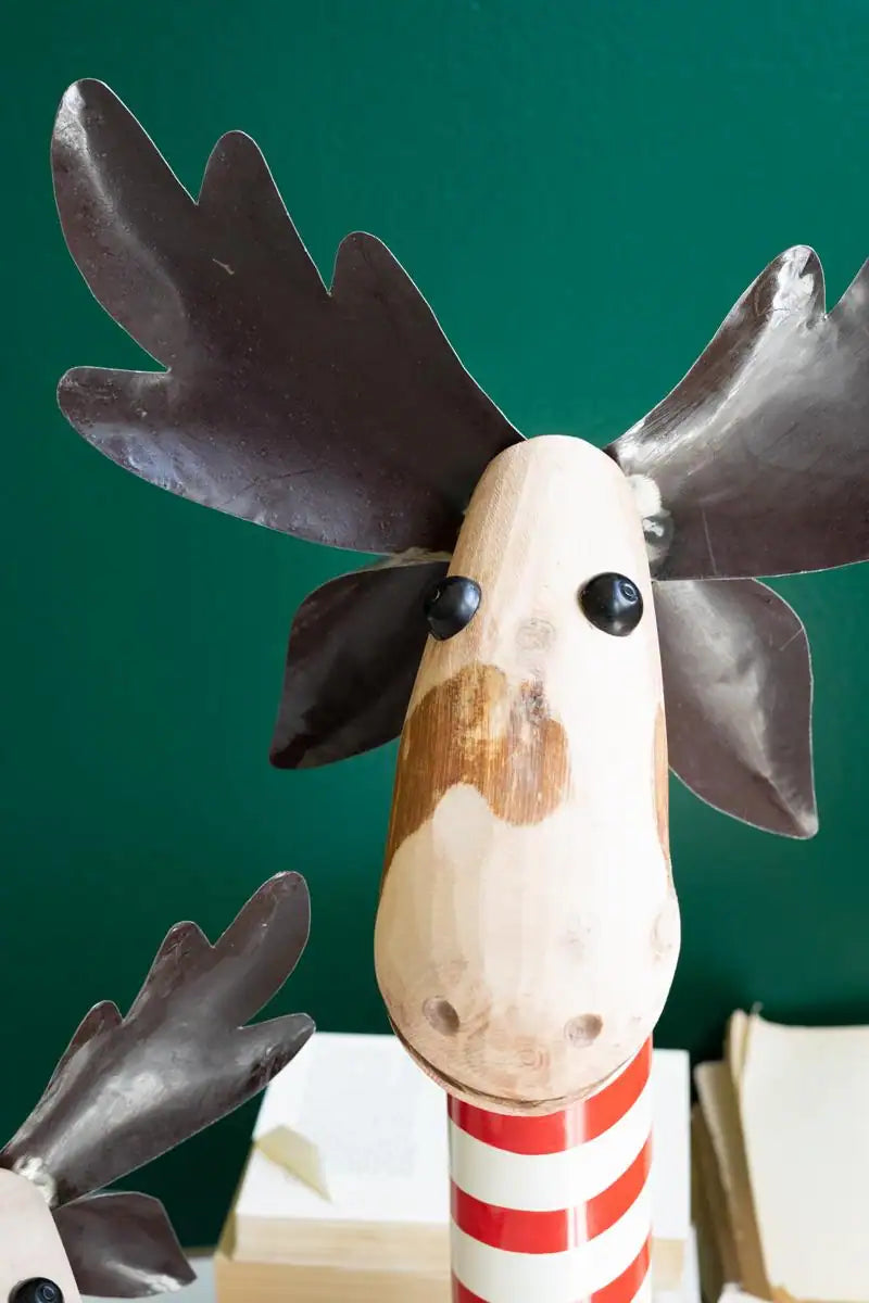 Recycled Iron Moose with Red & White Wood Bases (Set of 2)