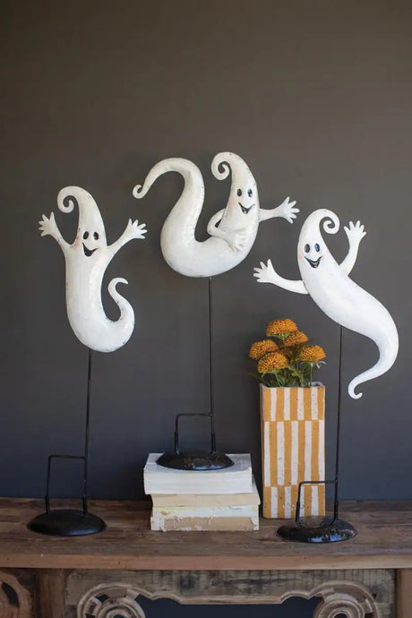 set of 3 smiling metal ghost yard stakes - halloween decor