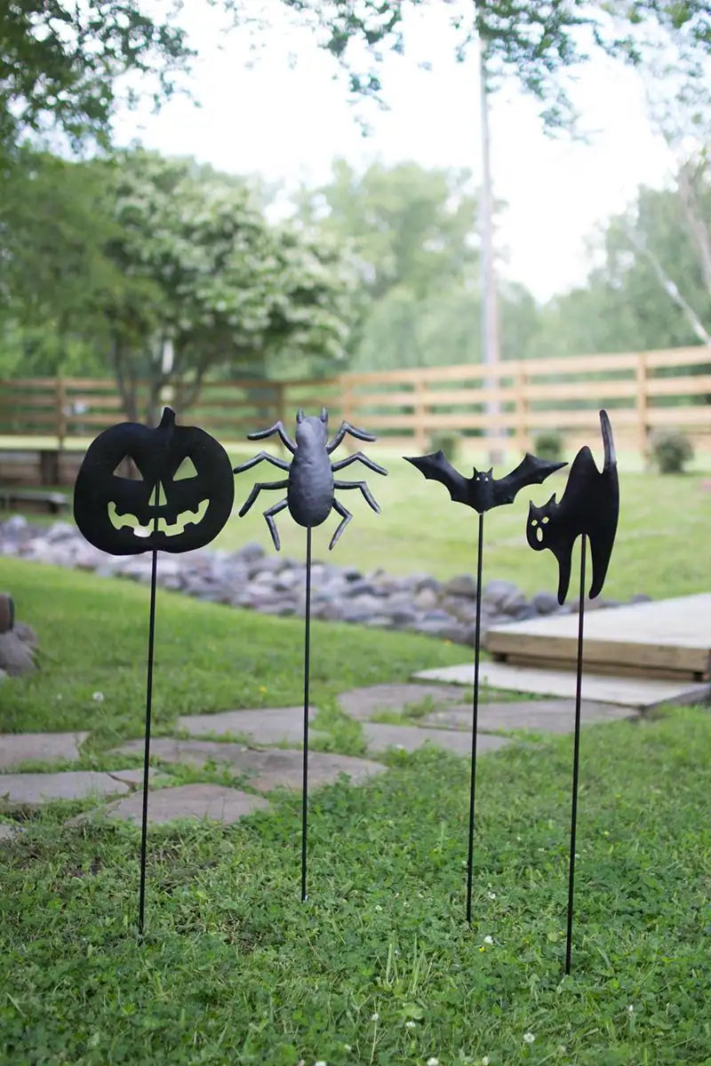 4 yard stakes one holding a pumpking a spider a bat and a black cat - halloween decor