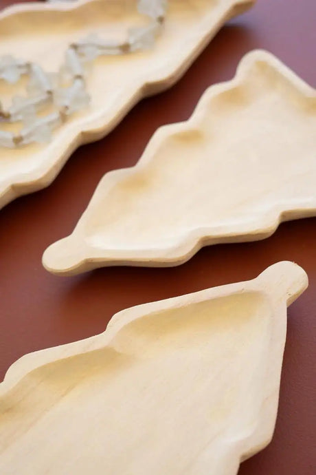 Carved Wood  Christmas Tree Platters (Set of 3)