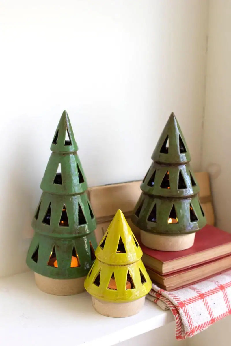 3 green ceramic christmas tree lanterns