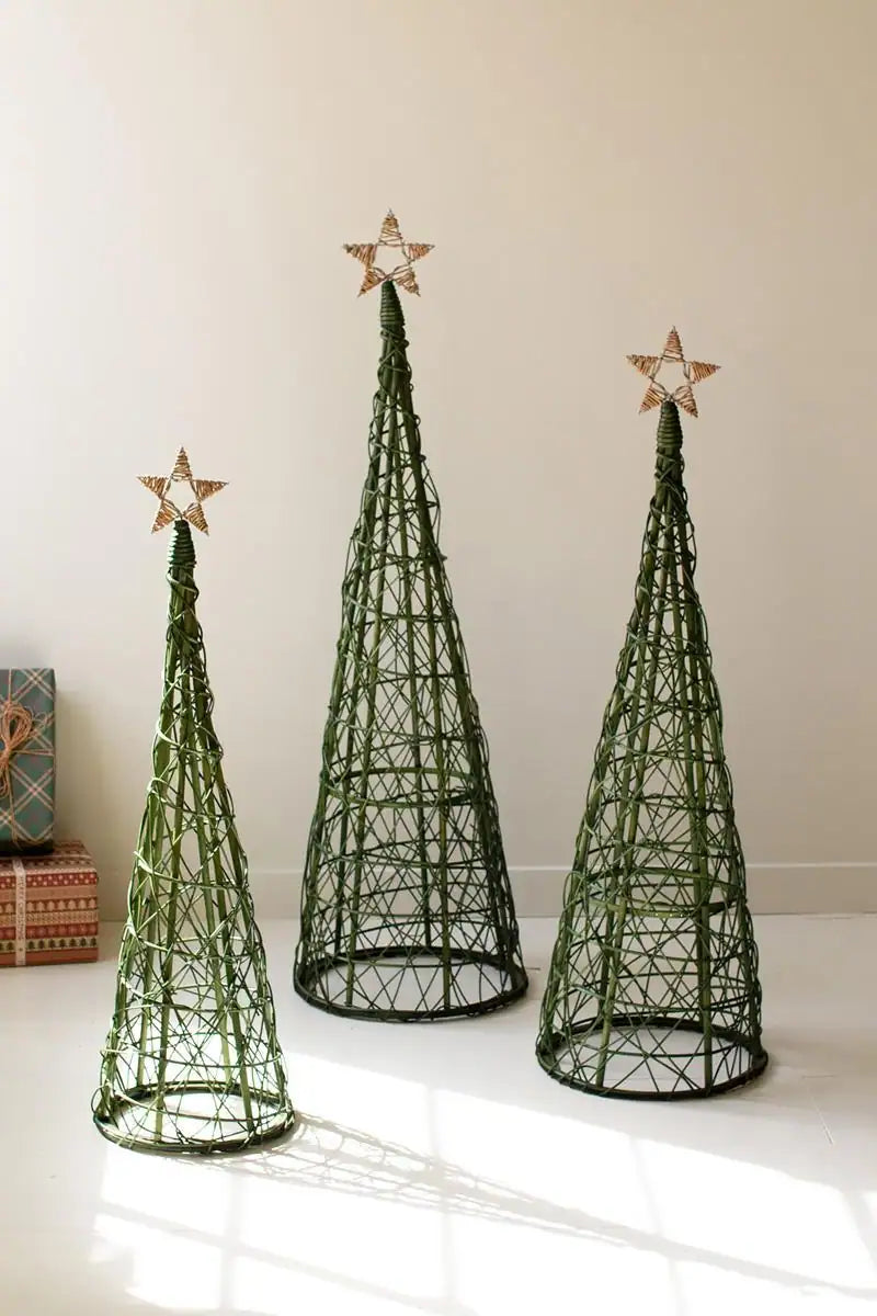 Green Willow Christmas Topiaries with Natural Star (Set of 3)