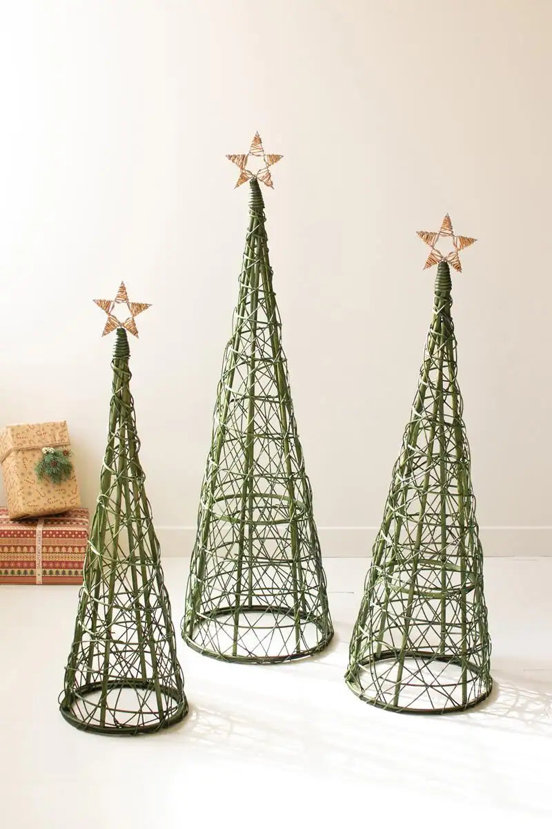 Green Willow Christmas Topiaries with Natural Star (Set of 3)