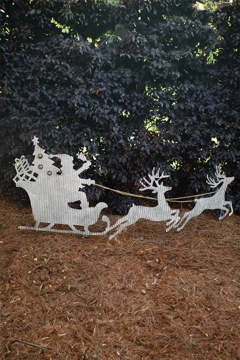 Corrugated Santa Sleigh & Two Reindeer Yard Stakes (Set of 3)