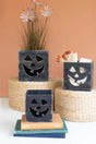 set of 3 black wood cube shaped jack-o-lanterns