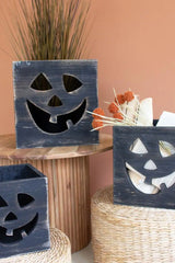 close up of smiling jack-o-lanterns filled with faux plants - halloween decor