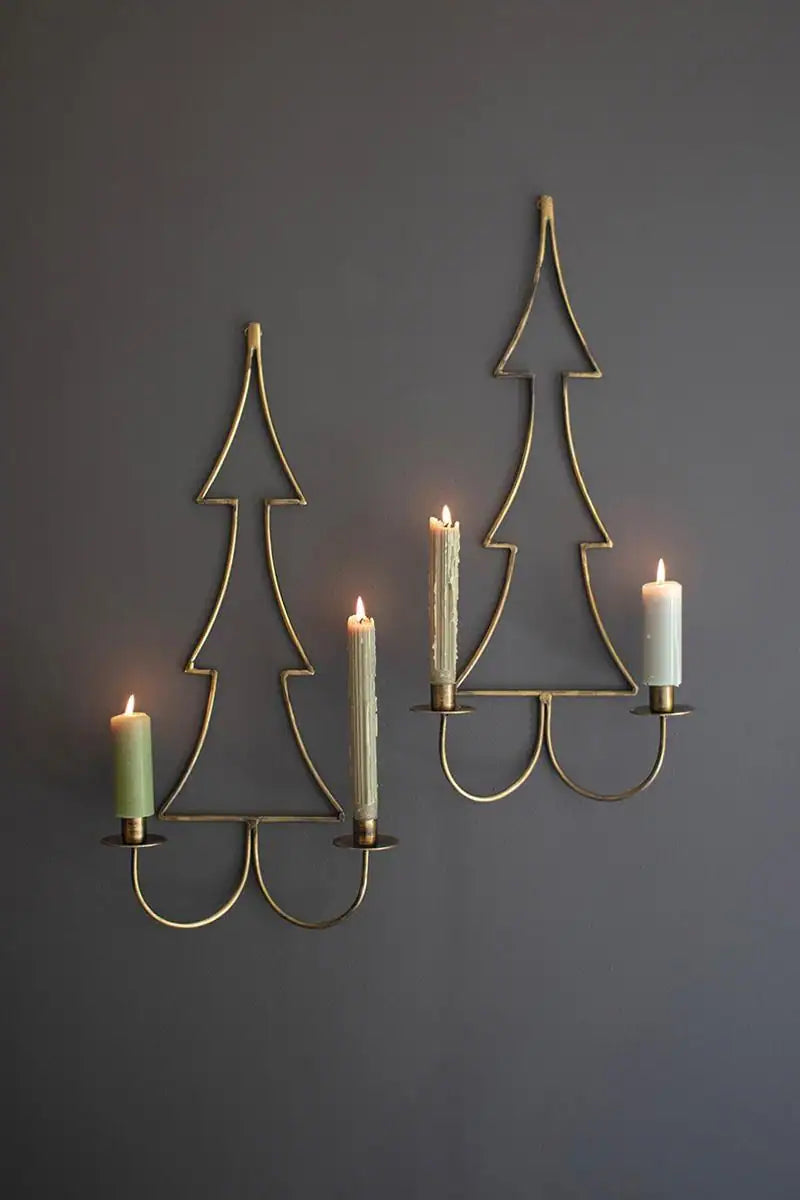 2 wall scones for candles christmas tree shaped brass