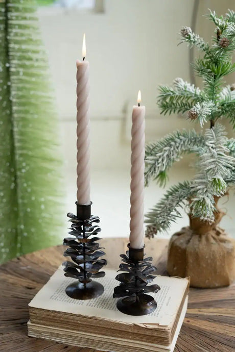 2 antique metal pine cone candle holders - close up