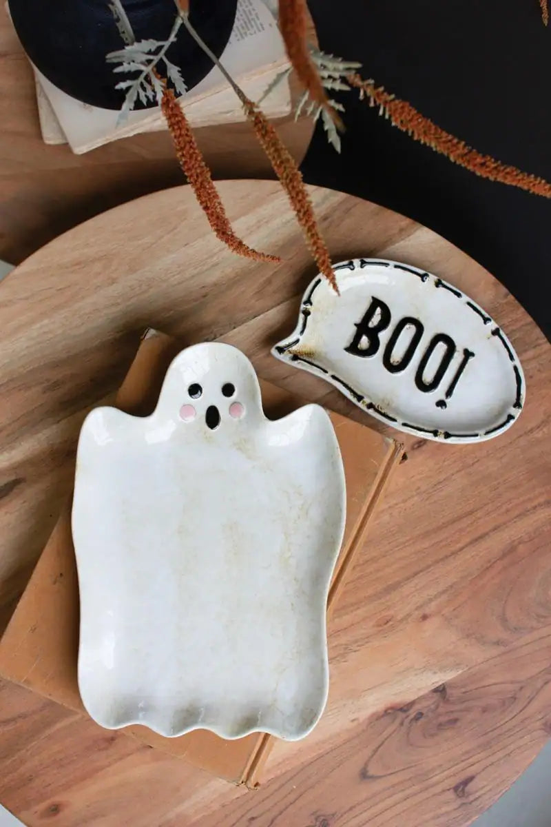 white ghost shaped ceramic platter with separate oval platter showing BOO!