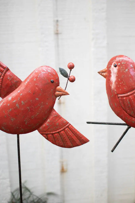 Hand-Hammered Red Bird Yard Stakes (Set of 2)