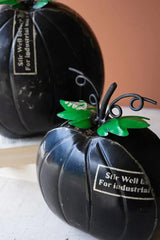 close up of smaller black pumpkin showing the metallic and color details