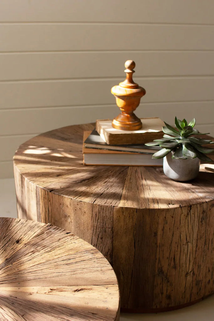 set of two solid wood coffee tables - close-up view