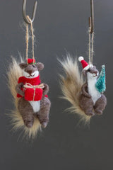 2 felt squirrels - one with a red present and the other with a green christmas tree