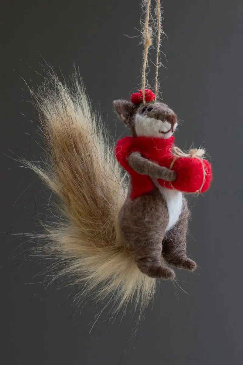 close up of squirrel with red present box