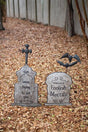 set of 2 hand hammered metal tombstones one with a cross atop the other with 2 bats - halloween decor