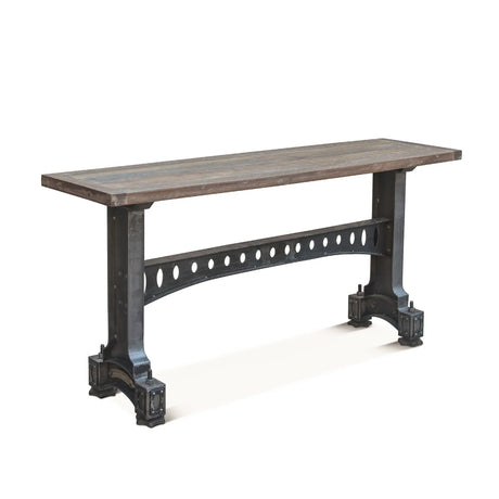 solid wood console table with cast-iron base - angled view