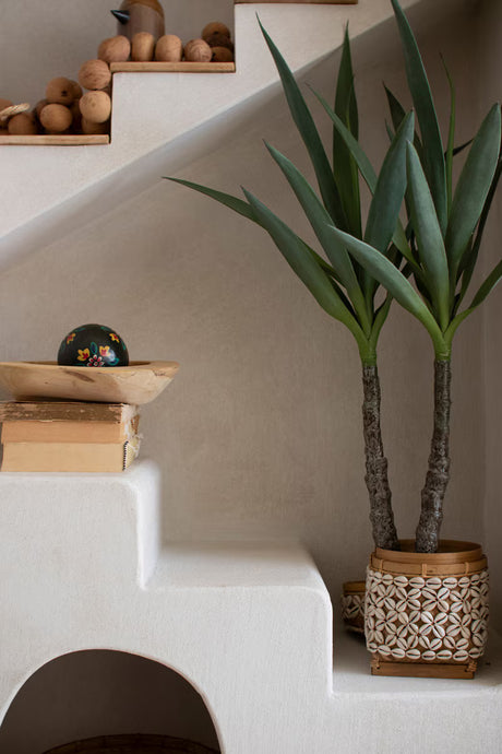 Close-up of stair details with decorative items placed