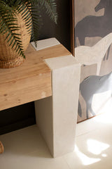 Close-up of right corner of wood surface console with a plant