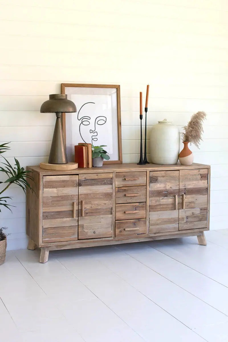 wooden console with 2 cabinets with doors and 4 drawers - angled view