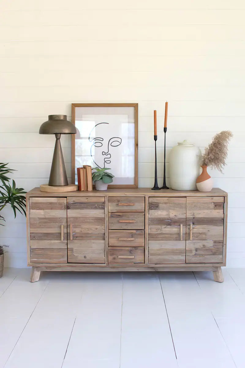 wooden console with 2 cabinets with doors and 4 drawers - front view