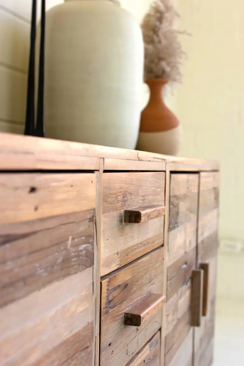 wooden console with 2 cabinets with doors and 4 drawers - close-up angled view