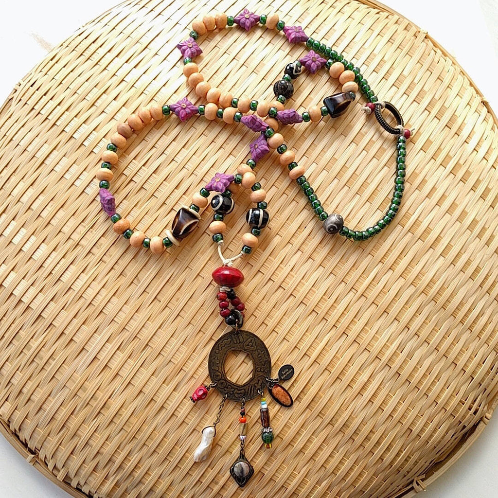 long statement necklace with tibetan and african trade beads