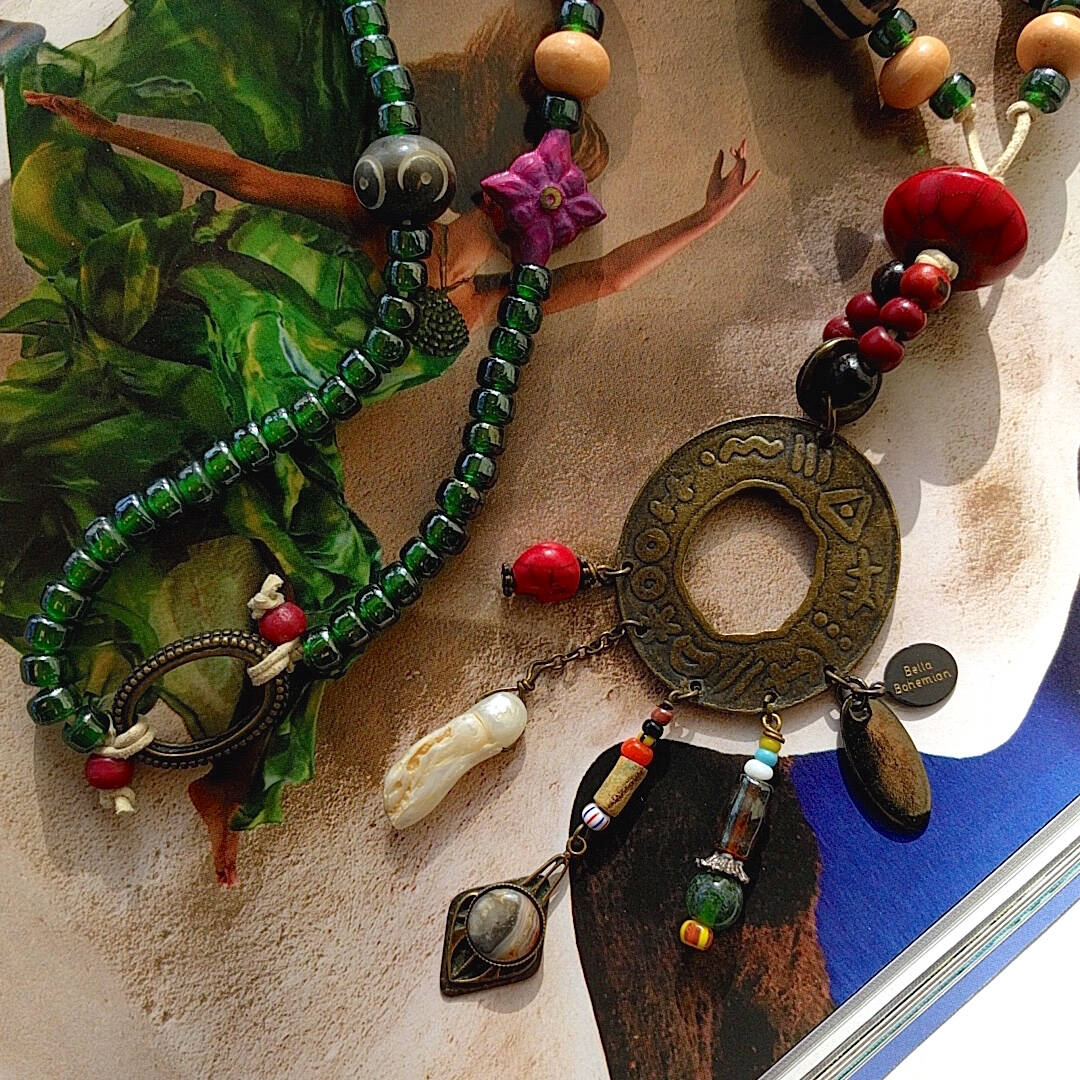 long statement necklace with tibetan and african trade beads