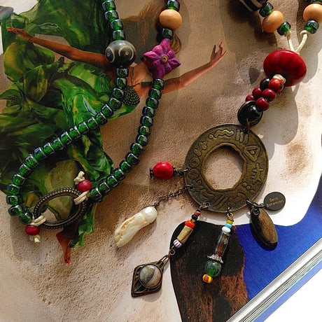 long statement necklace with tibetan and african trade beads