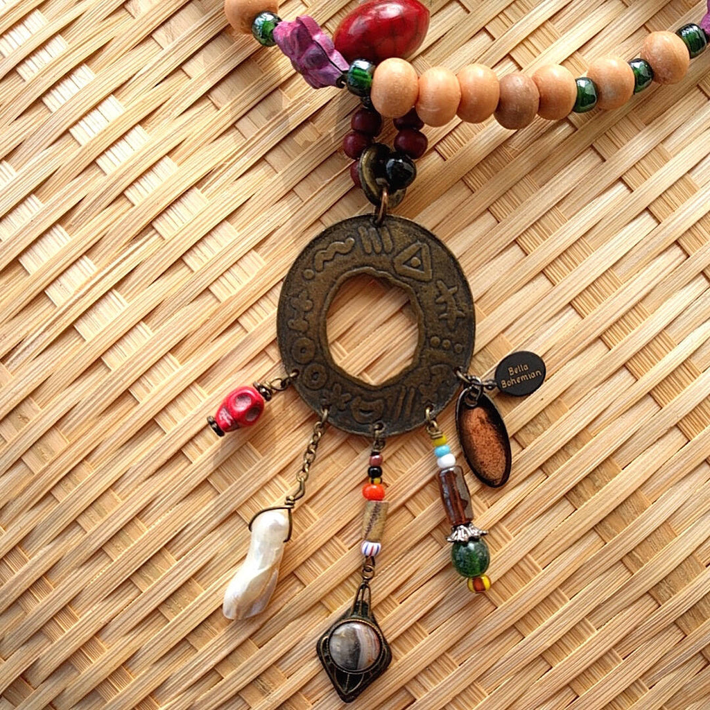 long statement necklace with tibetan and african trade beads - zoomed image