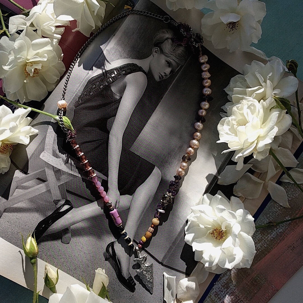 asymmetrical mixed media necklace, Swarovski rondelles, pink freshwater pearls on silk cord, dark amethyst chips
