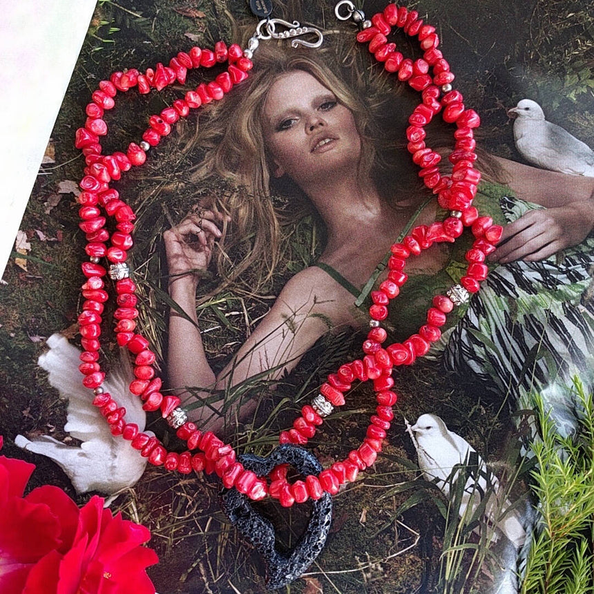 double strand coral necklace with lava heart on a waxed cord with Sterling silver Balinese beads