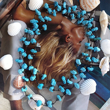 long handmade turquoise nugget necklace with Czech glass