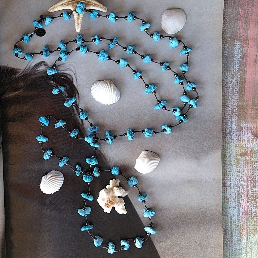 long handmade turquoise nugget necklace with Czech glass