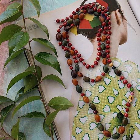 Bohemian style necklace with combination of natural seed beads